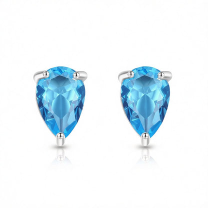 Blue Crystal and Silver-Plated Pear-Cut Stud Earrings, silver stud earrings for women, vintage-inspired design, side view