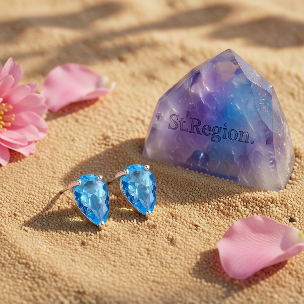 Blue Crystal and Silver-Plated Pear-Cut Stud Earrings, silver stud earrings for women, detail close-up