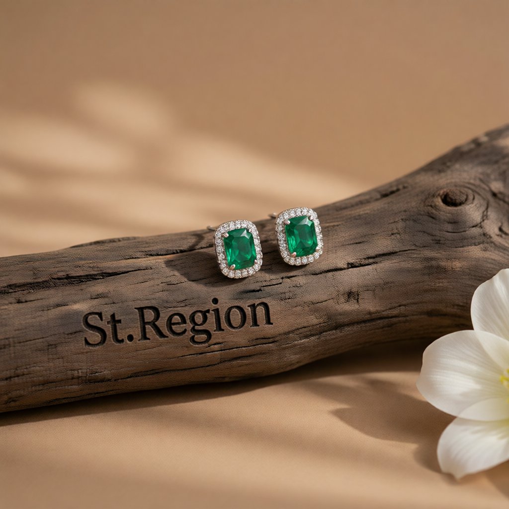 Green Crystal and Cubic Zirconia Halo Stud Earrings, stud earrings for women, vintage-inspired design, front view