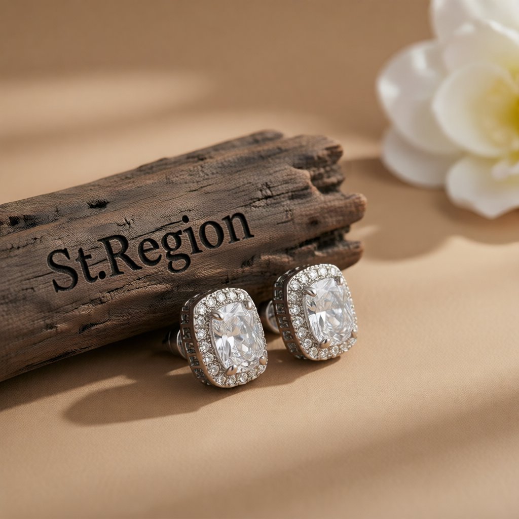 Crystal and Cubic Zirconia Oval-Cut Halo Stud Earrings, stud earrings for women, dainty minimalist design, front view