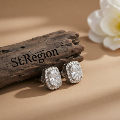 Crystal and Cubic Zirconia Oval-Cut Halo Stud Earrings, stud earrings for women, dainty minimalist design, front view