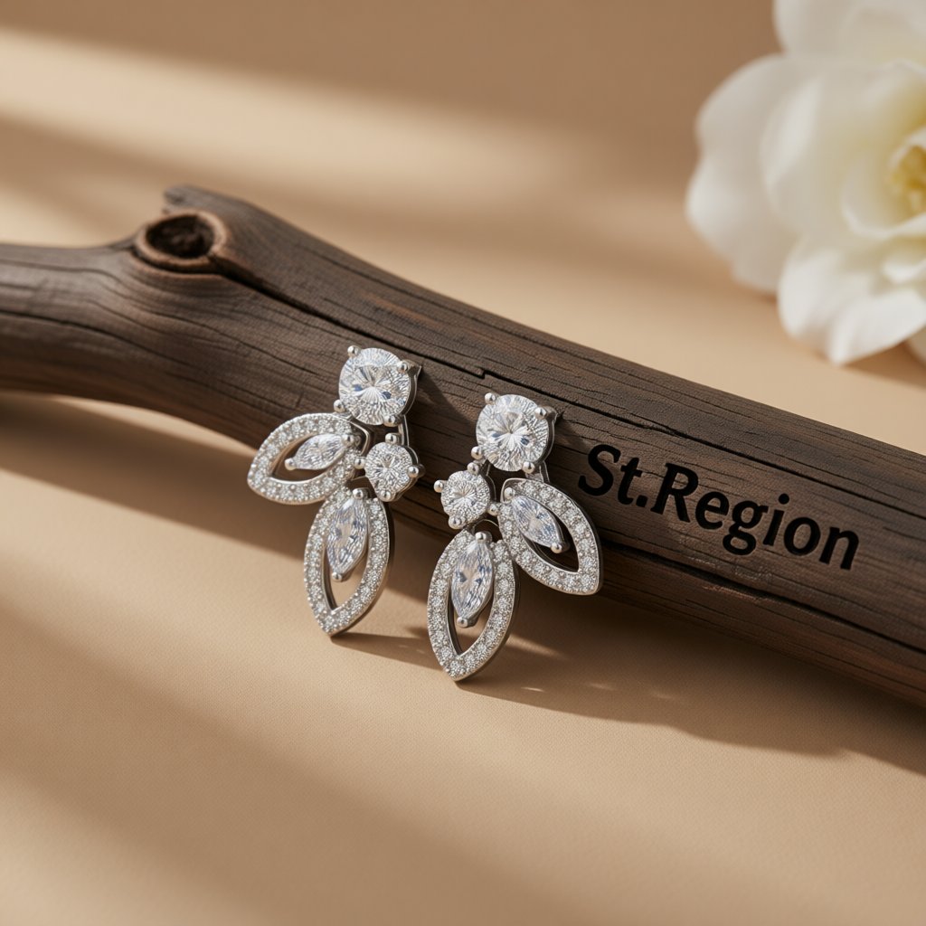 Crystal and Cubic Zirconia Silver-Plated Leaves Drop Earrings, silver drop earrings for women, front view