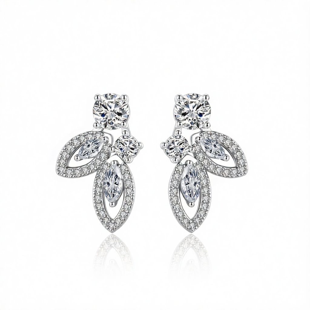 Crystal and Cubic Zirconia Silver-Plated Leaves Drop Earrings, silver drop earrings for women, side view