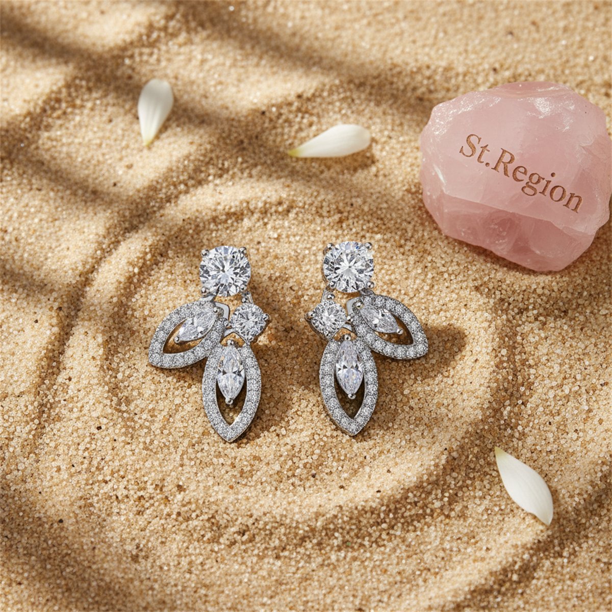 Crystal and Cubic Zirconia Silver-Plated Leaves Drop Earrings, silver drop earrings for women, detail close-up
