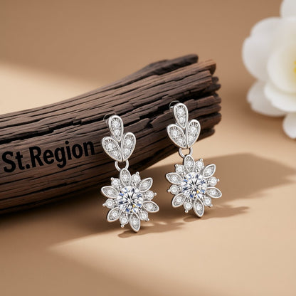 Crystal and Cubic Zirconia Silver-Plated Flower Dangle Earring, silver drop earrings for women, front view