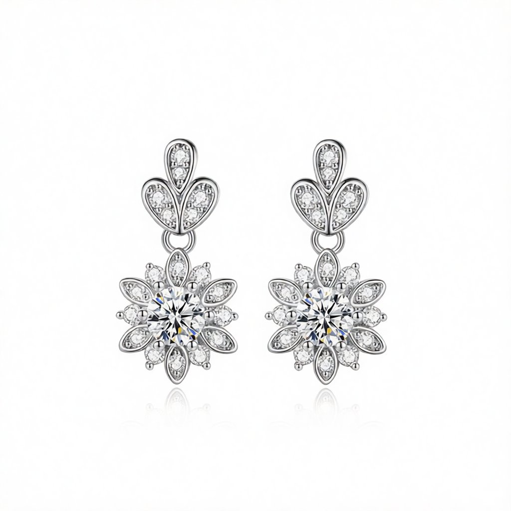 Crystal and Cubic Zirconia Silver-Plated Flower Dangle Earring, silver drop earrings for women, side view