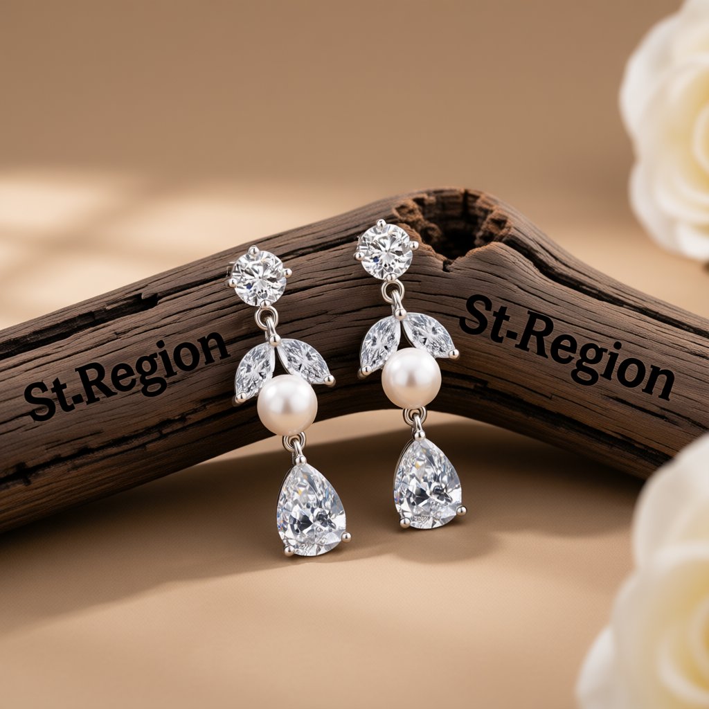Pearl and Crystal Cubic Zirconia Leaf-Shape Drop Earrings, drop earrings for women, vintage-inspired design, front view