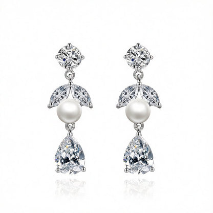 Pearl and Crystal Cubic Zirconia Leaf-Shape Drop Earrings, drop earrings for women, vintage-inspired design, side view