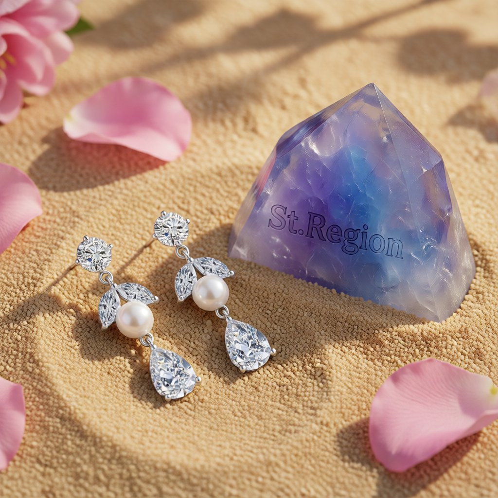 Pearl and Crystal Cubic Zirconia Leaf-Shape Drop Earrings, drop earrings for women, detail close-up