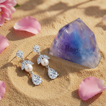 Pearl and Crystal Cubic Zirconia Leaf-Shape Drop Earrings, drop earrings for women, detail close-up
