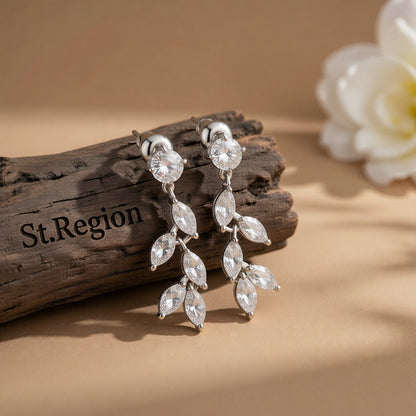 Crystal and Cubic Zirconia Leaves Drop Earrings, drop earrings for women, botanical inspired, front view