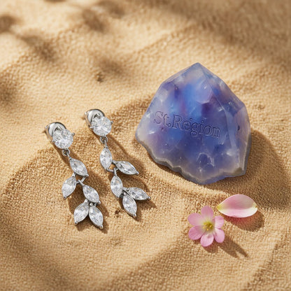 Crystal and Cubic Zirconia Leaves Drop Earrings, drop earrings for women, botanical inspired, detail close-up