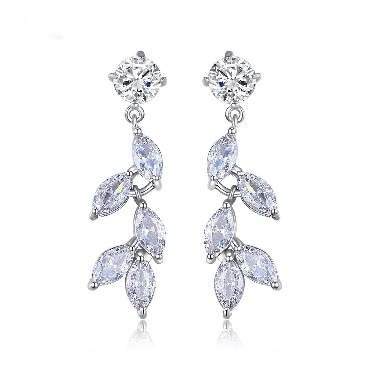 Crystal and Cubic Zirconia Leaves Drop Earrings, drop earrings for women, botanical inspired, side view