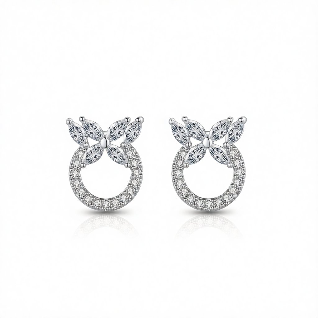 Cubic Zirconia and Crystal Silver-Plated Butterfly Circle Stud Earrings, silver stud earrings for women, side view