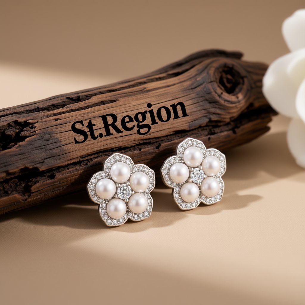 Cubic Zirconia and Pearl Silver-Plated Plum Blossom Stud Earrings, silver stud earrings for women, front view