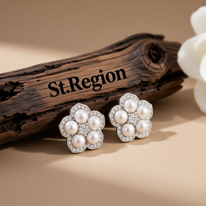 Cubic Zirconia and Pearl Silver-Plated Plum Blossom Stud Earrings, silver stud earrings for women, front view