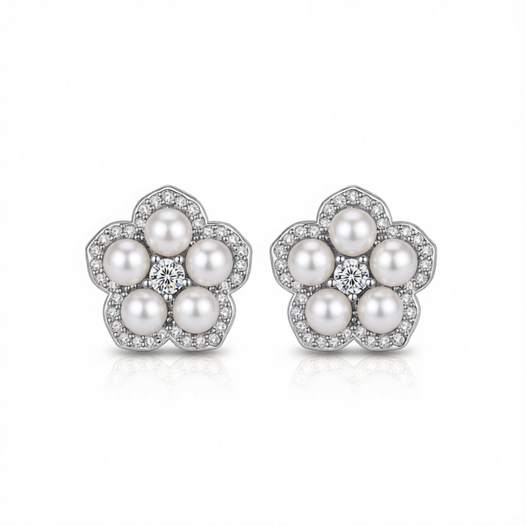 Cubic Zirconia and Pearl Silver-Plated Plum Blossom Stud Earrings, silver stud earrings for women, side view