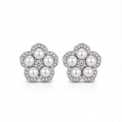 Cubic Zirconia and Pearl Silver-Plated Plum Blossom Stud Earrings, silver stud earrings for women, side view