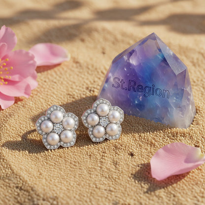 Cubic Zirconia and Pearl Silver-Plated Plum Blossom Stud Earrings, silver stud earrings for women, detail close-up