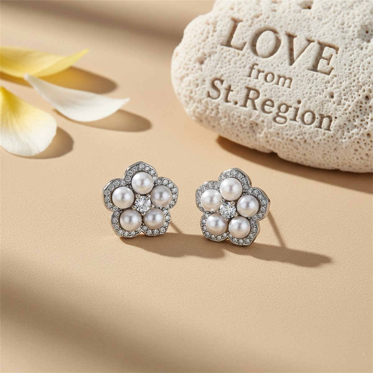 Cubic Zirconia and Pearl Silver-Plated Plum Blossom Stud Earrings, silver stud earrings for women, lifestyle look