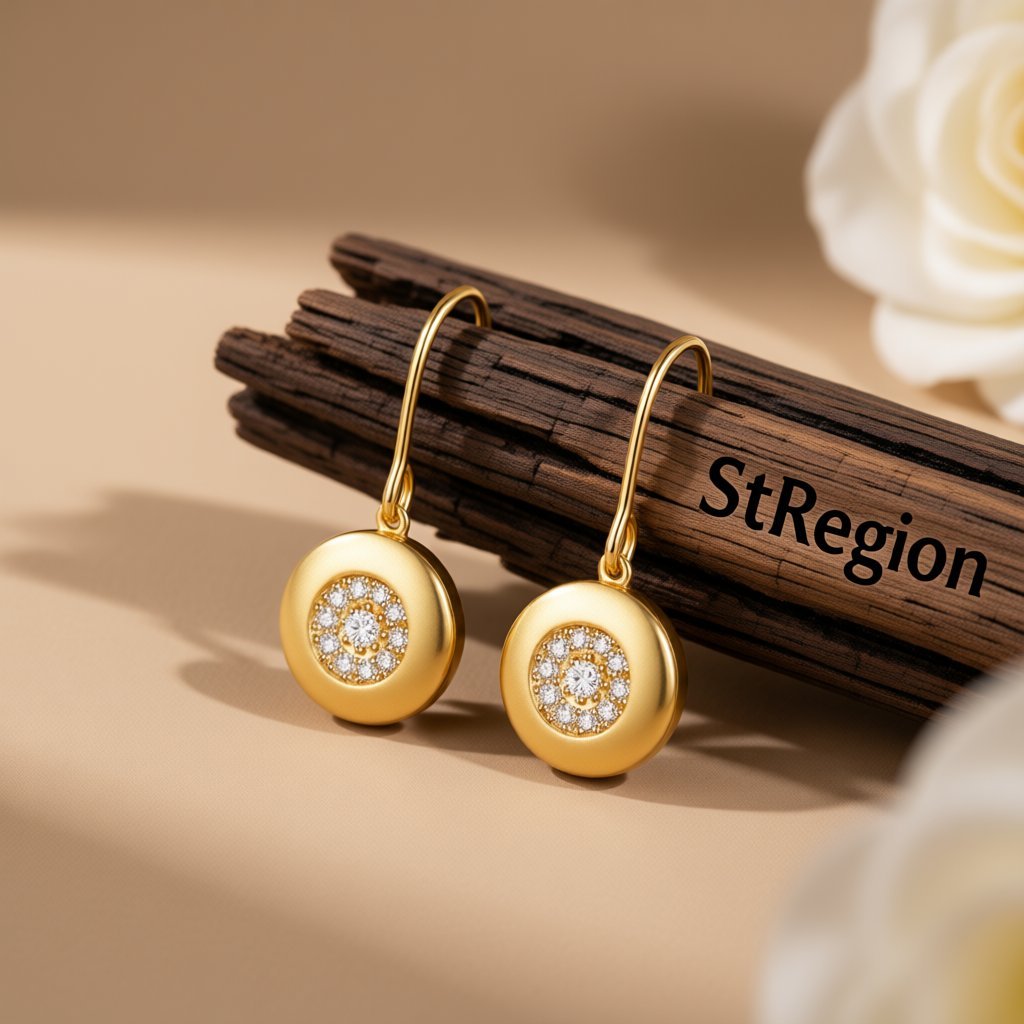 Cubic Zirconia and 18K Gold-Plated Round Drop Earrings, gold drop earrings for women, everyday style, front view