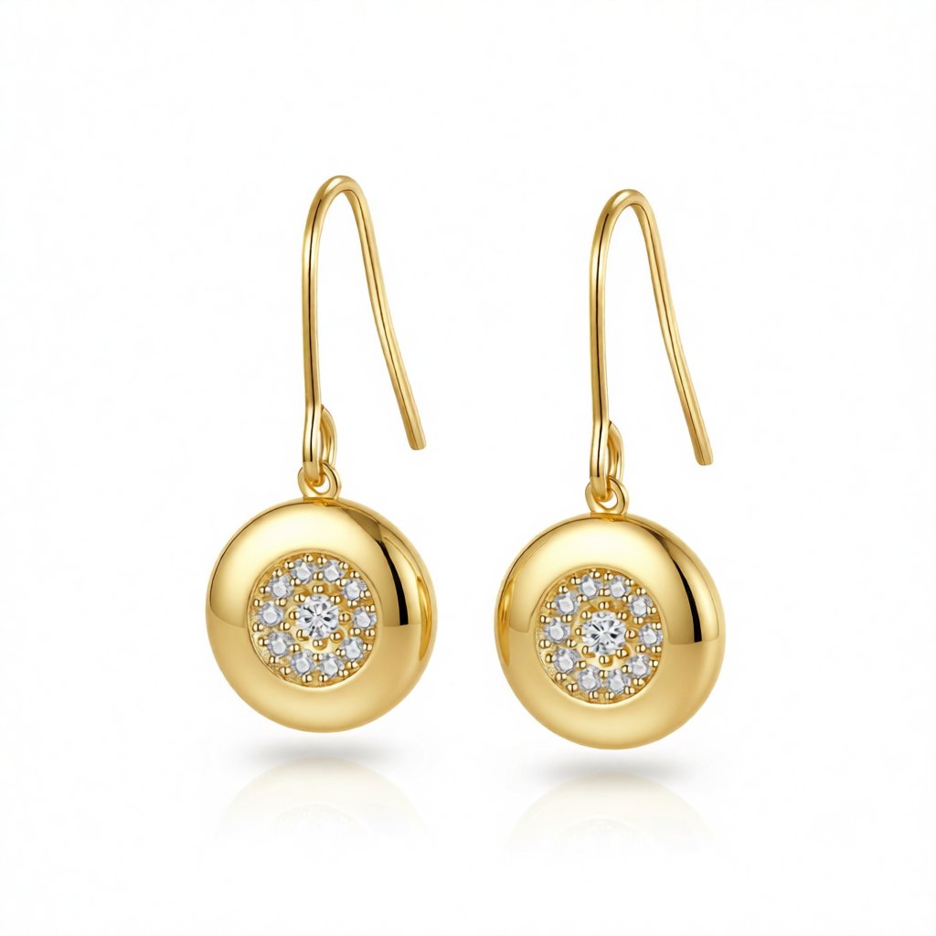 Cubic Zirconia and 18K Gold-Plated Round Drop Earrings, gold drop earrings for women, everyday style, side view
