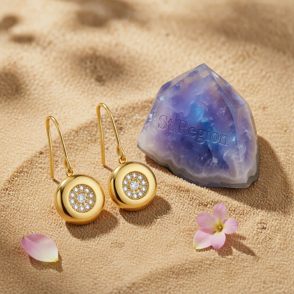 Cubic Zirconia and 18K Gold-Plated Round Drop Earrings, gold drop earrings for women, everyday style, detail close-up