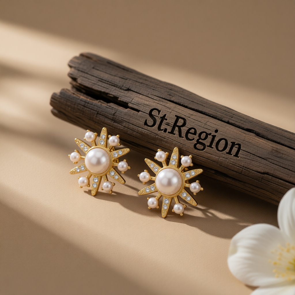 Cubic Zirconia and Pearl 18K Gold-Plated Sun Stud Earrings, gold stud earrings for women, front view
