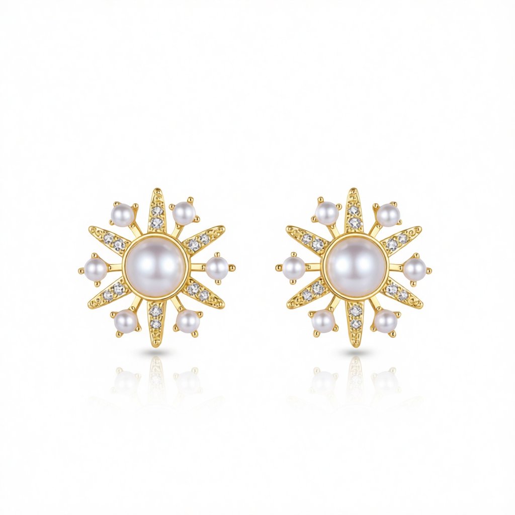 Cubic Zirconia and Pearl 18K Gold-Plated Sun Stud Earrings, gold stud earrings for women, dainty minimalist design, side view