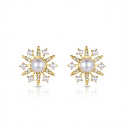 Cubic Zirconia and Pearl 18K Gold-Plated Sun Stud Earrings, gold stud earrings for women, dainty minimalist design, side view