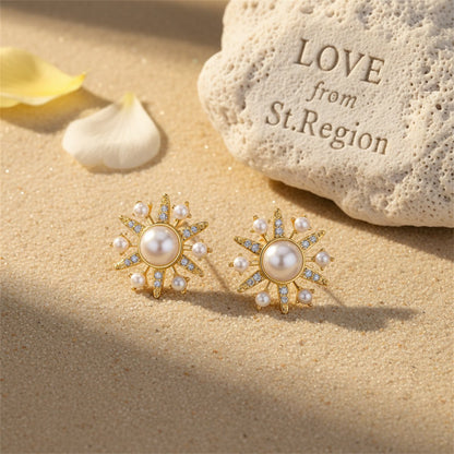 Cubic Zirconia and Pearl 18K Gold-Plated Sun Stud Earrings, gold stud earrings for women, lifestyle look