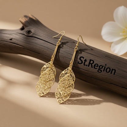 18K Gold-Plated Layered Leaves Drop Earrings, gold drop earrings for women, elegant gift for her, front view
