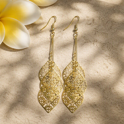 18K Gold-Plated Layered Leaves Drop Earrings, gold drop earrings for women, elegant gift for her, lifestyle look