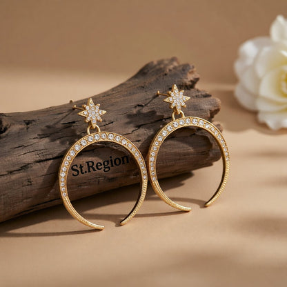 Cubic Zirconia and 18K Gold-Plated Crescent Moon Star Drop Earrings, gold drop earrings for women, front view