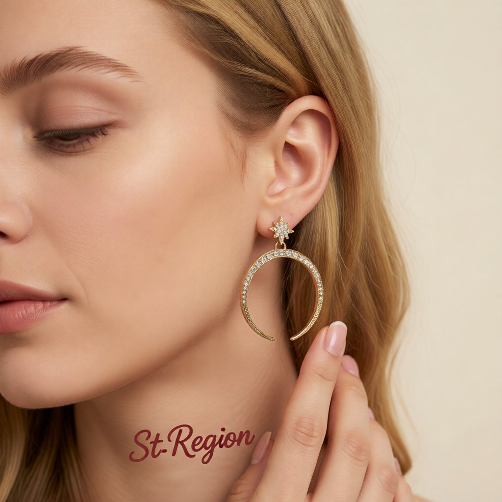 Cubic Zirconia and 18K Gold-Plated Crescent Moon Star Drop Earrings, gold drop earrings for women, styled look