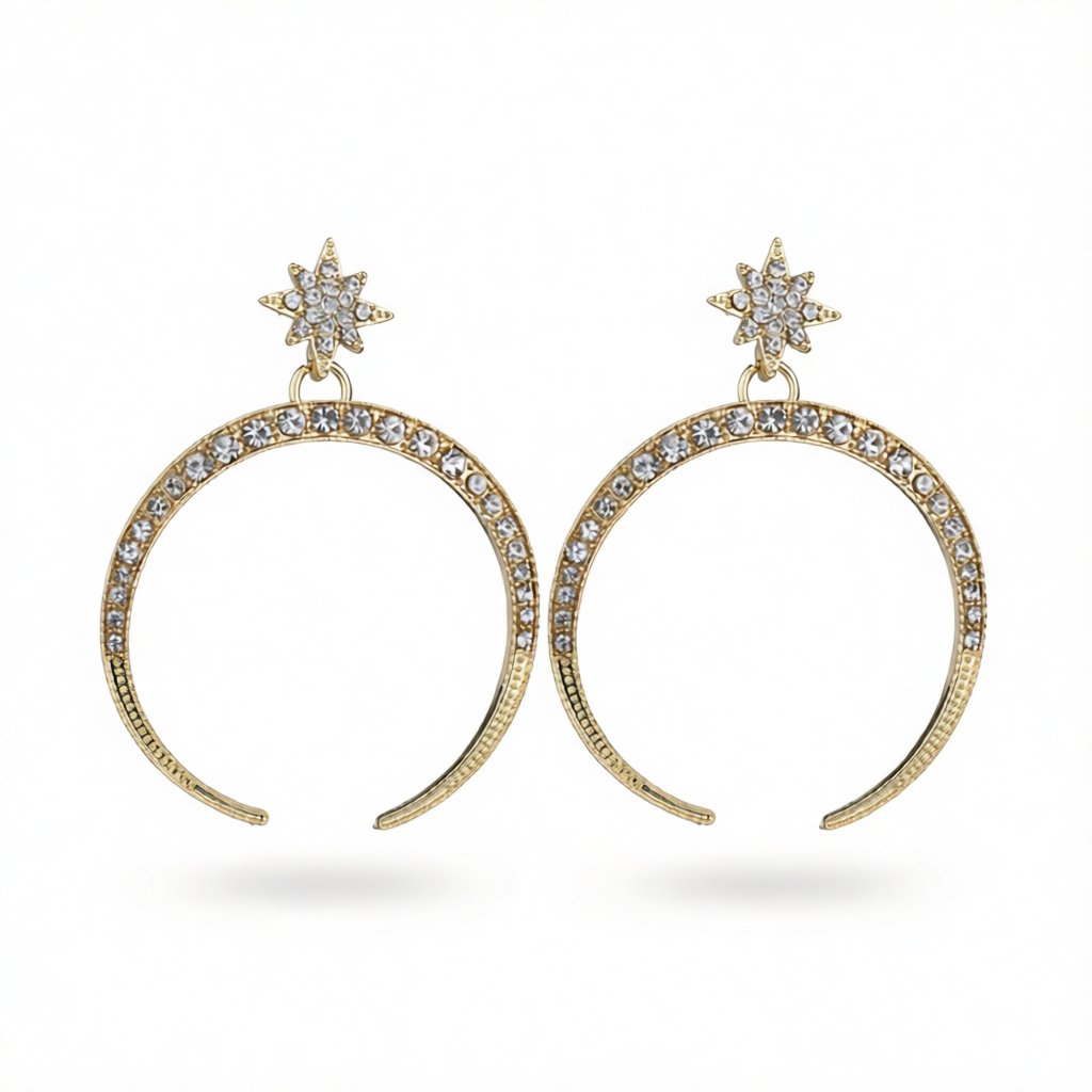 Cubic Zirconia and 18K Gold-Plated Crescent Moon Star Drop Earrings, gold drop earrings for women, side view