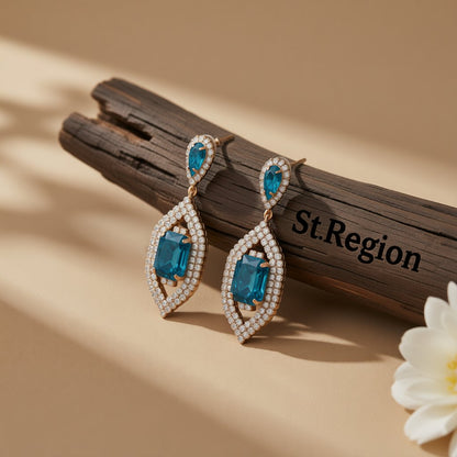 Blue Crystal and Cubic Zirconia 18K Gold-Plated Emerald-Cut Pave Drop Earrings, gold drop earrings for women, front view