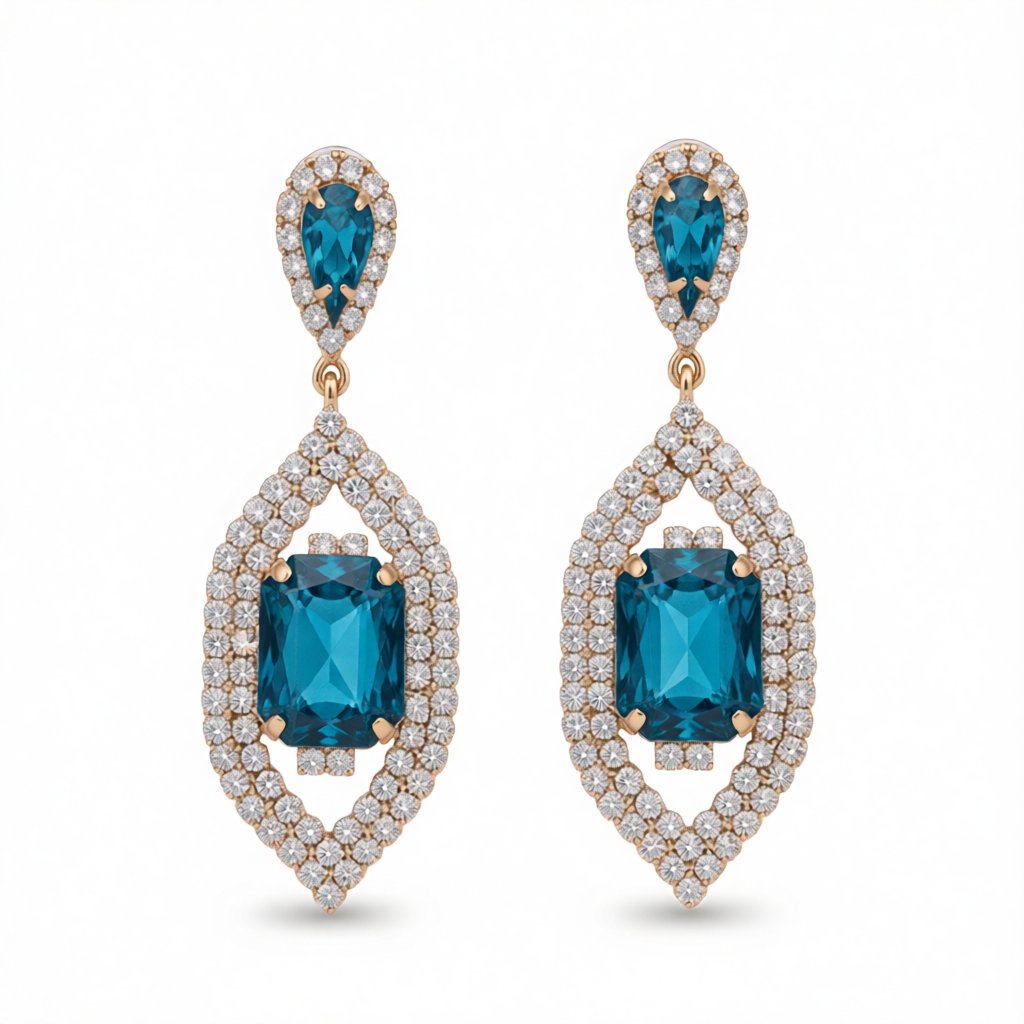 Blue Crystal and Cubic Zirconia 18K Gold-Plated Emerald-Cut Pave Drop Earrings, gold drop earrings for women, side view