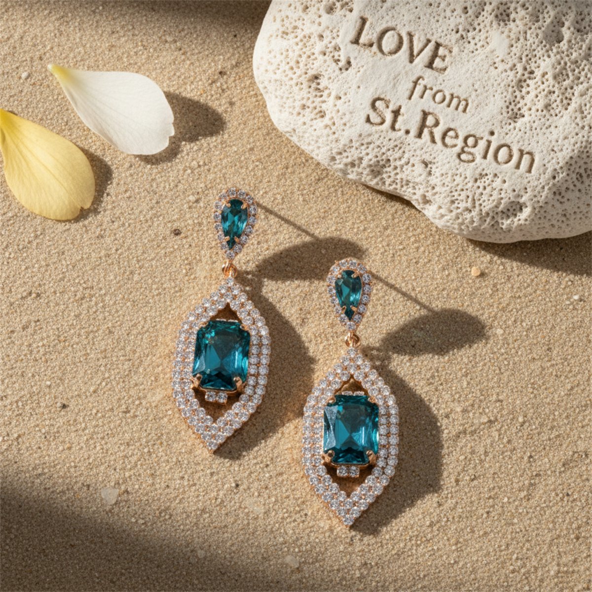 Blue Crystal and Cubic Zirconia 18K Gold-Plated Emerald-Cut Pave Drop Earrings, gold drop earrings for women, lifestyle look