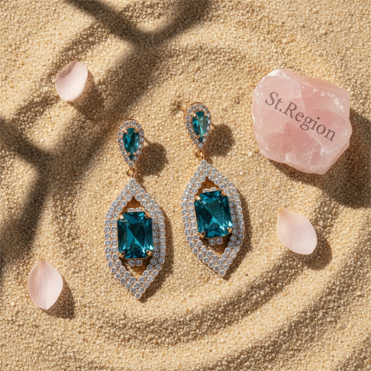 Blue Crystal and Cubic Zirconia 18K Gold-Plated Emerald-Cut Pave Drop Earrings, gold drop earrings for women, detail close-up