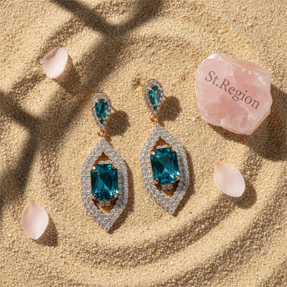 Blue Crystal and Cubic Zirconia 18K Gold-Plated Emerald-Cut Pave Drop Earrings, gold drop earrings for women, detail close-up
