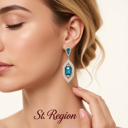 Blue Crystal and Cubic Zirconia 18K Gold-Plated Emerald-Cut Pave Drop Earrings, gold drop earrings for women, styled look
