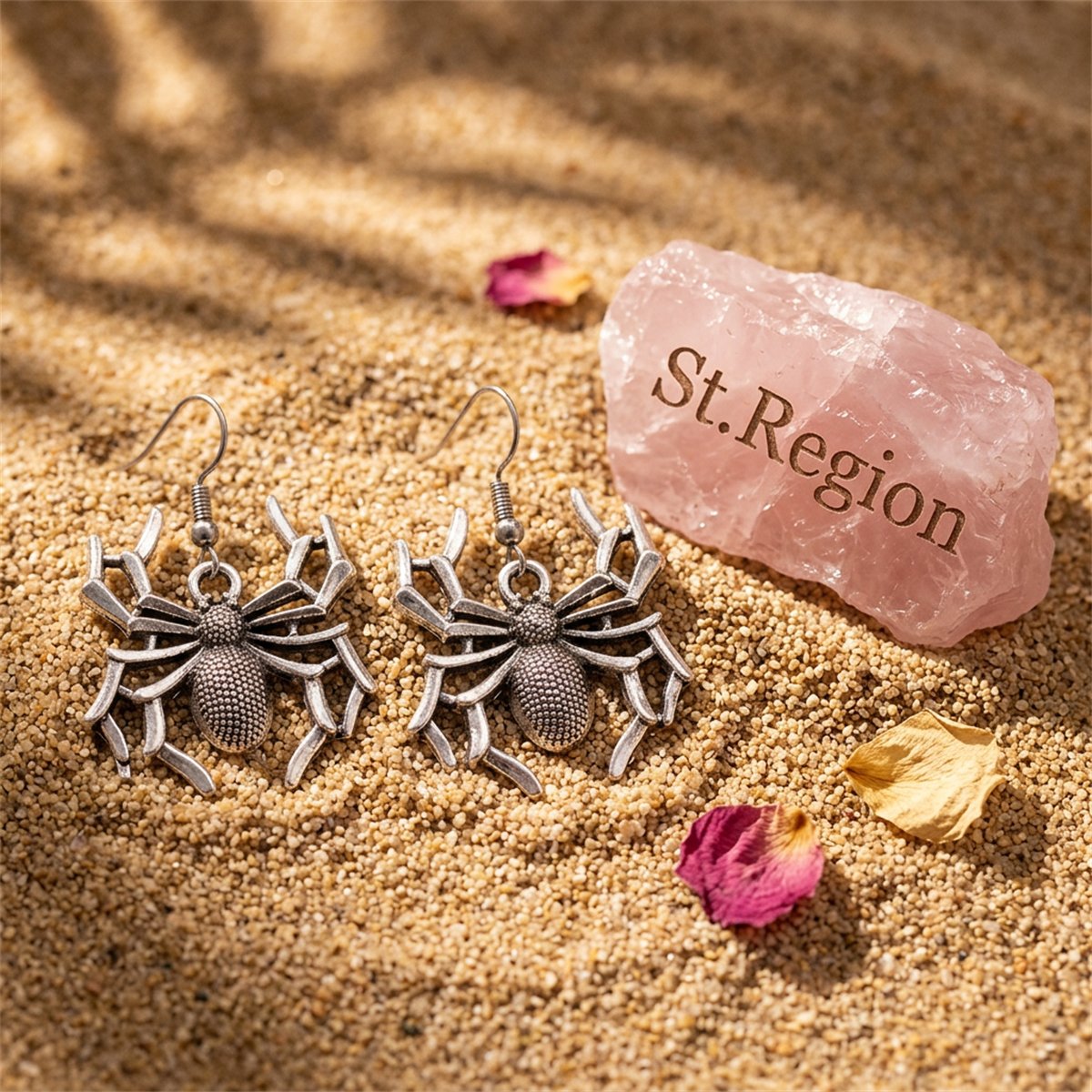 Silver-Plated Spider Drop Earrings, silver drop earrings for women, dainty minimalist design, detail close-up