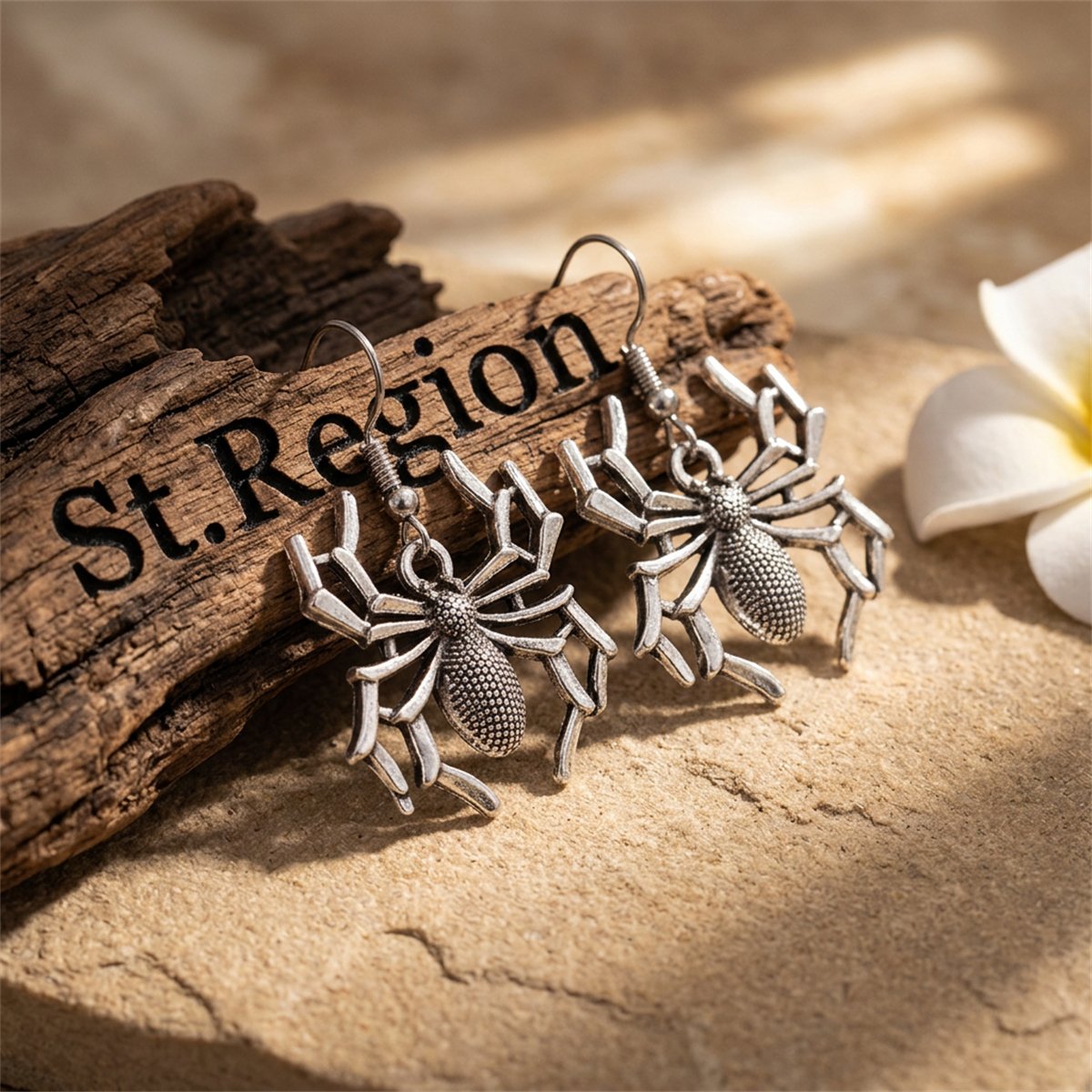 Silver-Plated Spider Drop Earrings, silver drop earrings for women, dainty minimalist design, front view