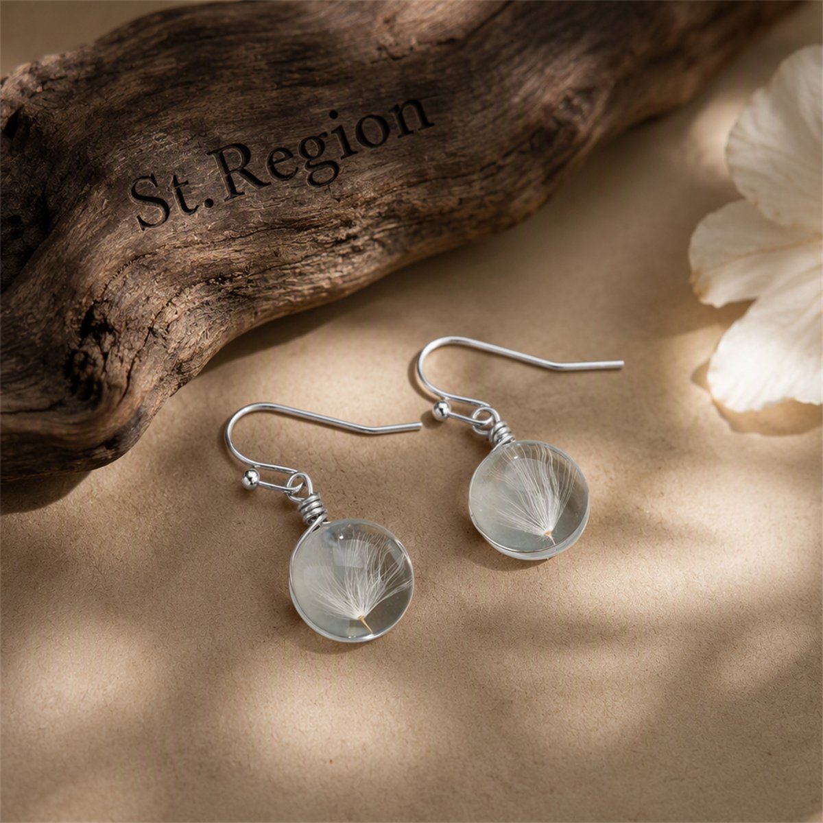 White Dandelion Drop Earrings, drop earrings for women, elegant gift for her, front view