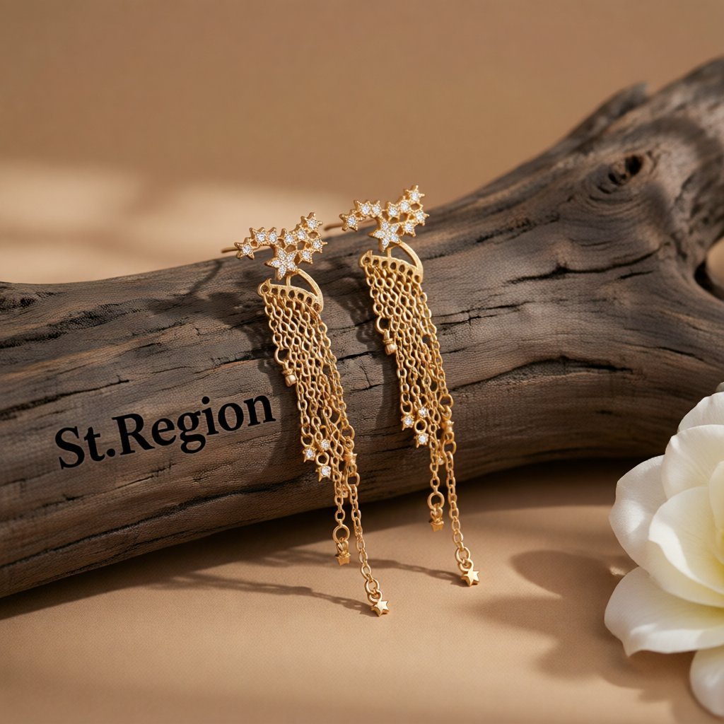 Cubic Zirconia and 18K Gold-Plated Star Tassel Drop Earrings, gold drop earrings for women, elegant gift for her, front view