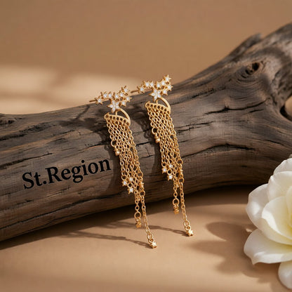 Cubic Zirconia and 18K Gold-Plated Star Tassel Drop Earrings, gold drop earrings for women, elegant gift for her, front view