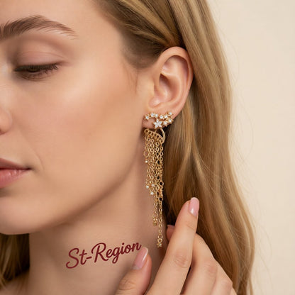 Cubic Zirconia and 18K Gold-Plated Star Tassel Drop Earrings, gold drop earrings for women, elegant gift for her, styled look