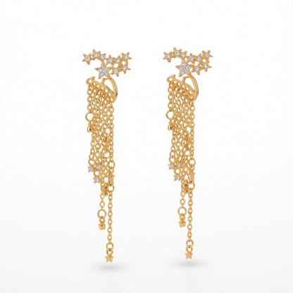 Cubic Zirconia and 18K Gold-Plated Star Tassel Drop Earrings, gold drop earrings for women, elegant gift for her, side view