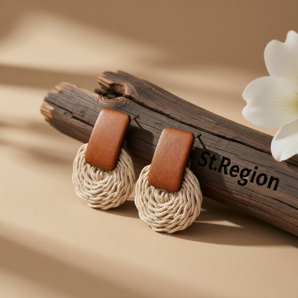 Wood and Rattan Circle Drop Earrings, drop earrings for women, everyday style, front view